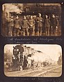 "A breakdown at Michigan City, 'some of 'em'" Photograph of seven Royal Flying Corps staff next to a locomotive in Michigan City, Indiana. (3549674510).jpg